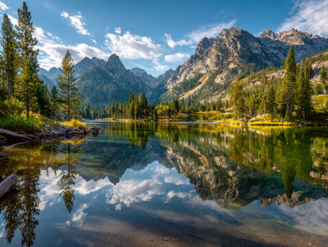 Serene mountain landscape with towering peaks and evergreen trees reflected in crystal clear lake under a partly cloudy blue sky on a bright day - Powered by Adobe