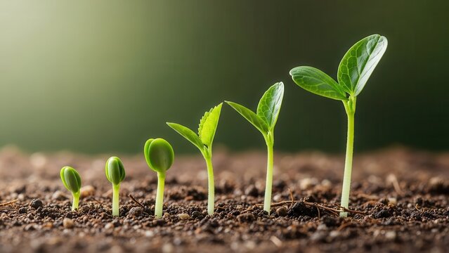 Sequence of young plant sprout growth in rich soil close up
