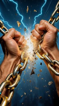 Human hands breaking free from heavy metal chains. Overcoming adversity and achieving freedom. Vertical video with panning.