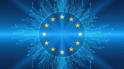 European union flag concept with digital technology and circuit board