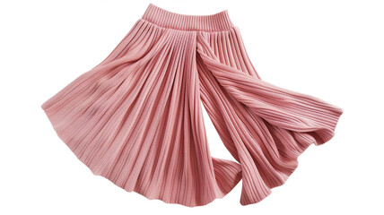 Flowy, comfortable pink ribbed knit wide-leg pants/skirt with a split side, isolated on white. Perfect for women's casual fashion.