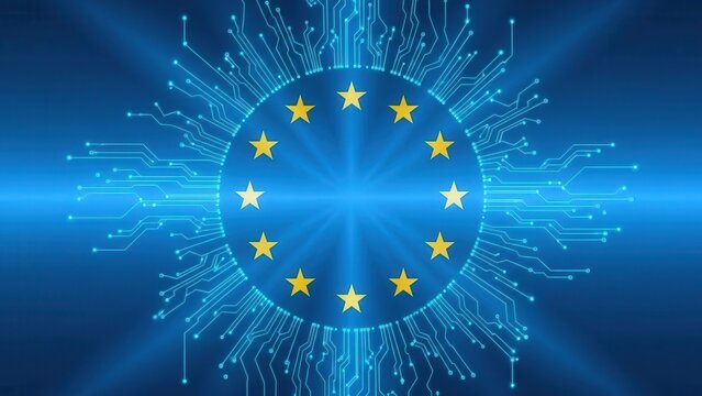 European union flag concept with digital technology and circuit board - Powered by Adobe