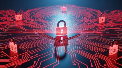 Digital security concept with glowing red circuit board and padlock