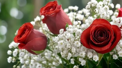 Beautiful red roses and delicate white flowers create an elegant bouquet for special occasions and celebrations in a bright setting