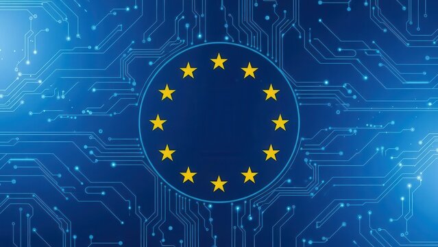 European union flag concept on digital circuit board background