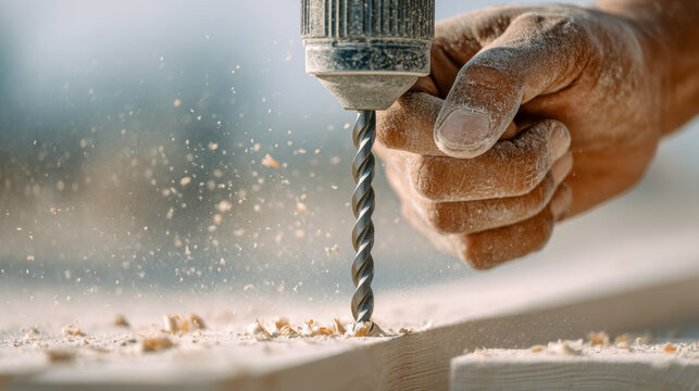 Carpenter hand operating a drill on wood creating sawdust particles during a woodworking project on a sunny day outdoors with blurred background