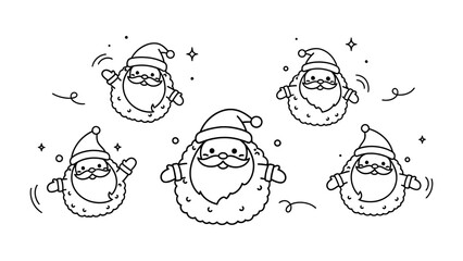 Flying Santa Claus Outline: A playful illustration depicts a group of cartoon Santas in mid-air, spreading holiday cheer and whimsical vibes with outline graphic.