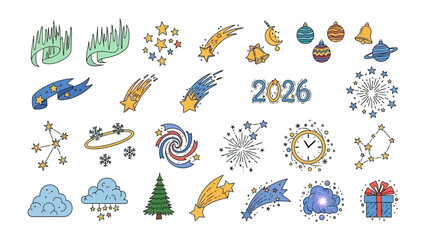Celestial Celebration: A collection of festive illustrations, including stars, comets, ornaments, and holiday elements, alluding to the approach of the year 2026. 