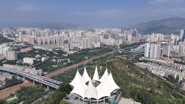 Xining Skyline Aerial View with Nanshan Martyrs Cemetery Park