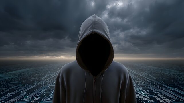 A hooded anonymous figure stands on a digital circuit board under a dramatic stormy sky at twilight