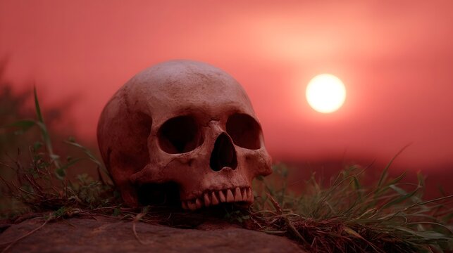 A human skull rests on the ground with tall grass against a dramatic crimson sunset evoking themes of mortality and nature s cycle
