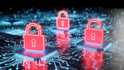 Red digital padlock icons on glowing blue circuit board background