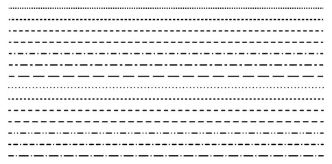 Straight dash lines. Horizontal dotted borders. Set of long stripe dividers.