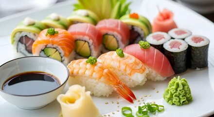 Sushi rolls japanese food cuisine seafood rice delicious salmon tuna avocado wasabi ginger soy sauce plate