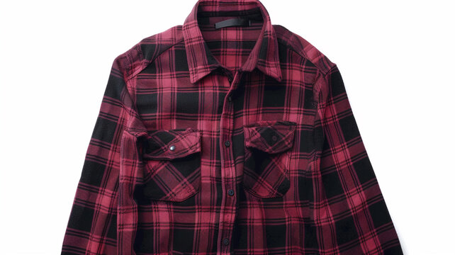 Cozy red and black buffalo plaid flannel shirt with front pockets, isolated on white. Perfect for casual, fall, and rustic fashion.