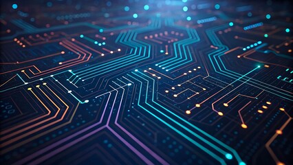 Futuristic digital circuit board background with glowing colorful lines