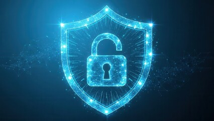 Digital security shield with unlocked padlock icon in glowing blue light