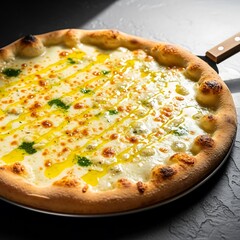 Delicious four cheese pizza with basil drizzle and olive oil topping