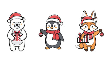 Festive Friends' Holiday Cheer: A collection of adorable animal friends wearing santa hats and scarves and holding gifts. Perfect for holiday-themed design or celebrations. 