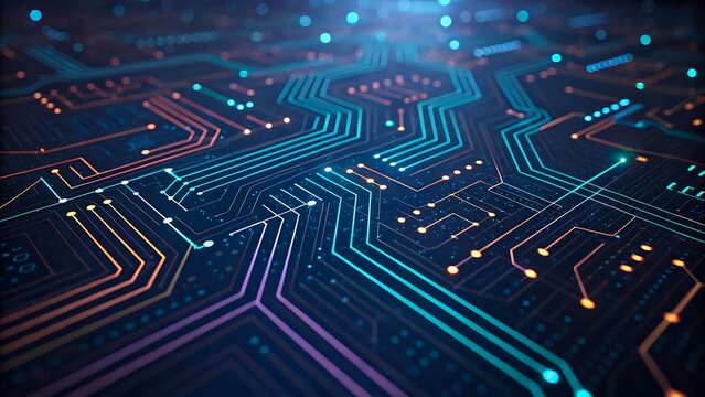 Futuristic digital circuit board background with glowing colorful lines
 - Powered by Adobe