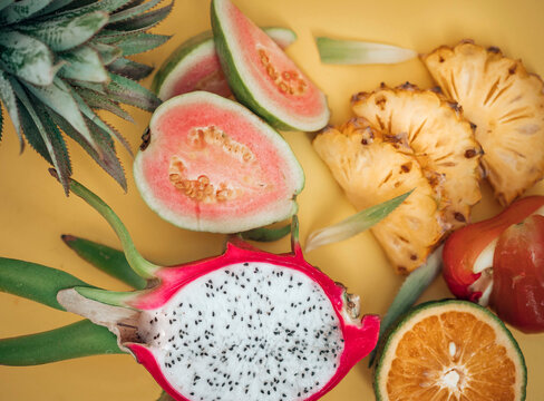 Vibrant display of exotic and tropical fruits