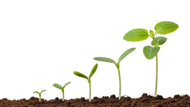 Sequence of plant seedling growth stages isolated on white background