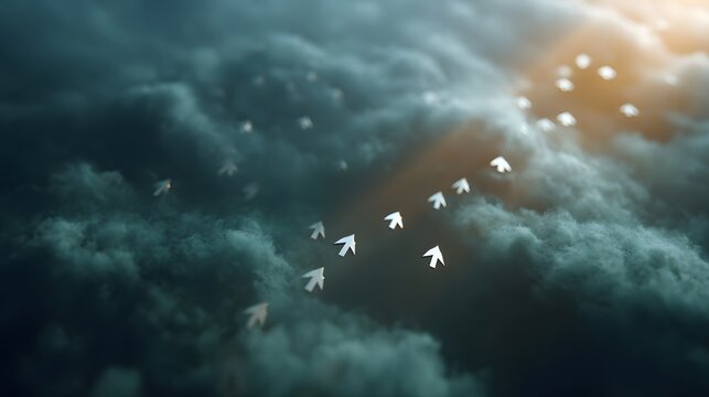 A flock of white arrow shapes flies through dark dramatic clouds under illuminating sun rays symbolizing progress and direction