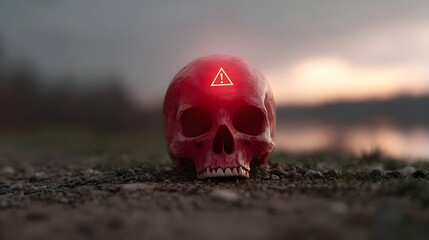 A glowing red skull with a warning icon sits on the ground at twilight symbolizing danger and caution