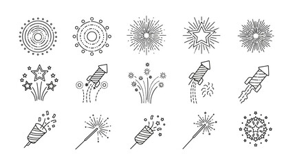 Festive Fireworks: A collection of meticulously crafted, elegant line drawings of fireworks, capturing the joyous spirit and dynamic bursts of celebratory pyrotechnics.