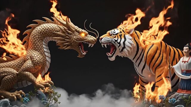 Epic Dragon and Tiger Clash with Flames and a Woman.