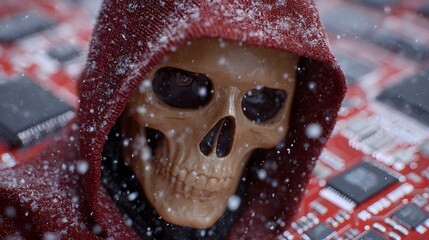 Skull in a red hood with falling snow set against a detailed circuit board symbolizing digital threat