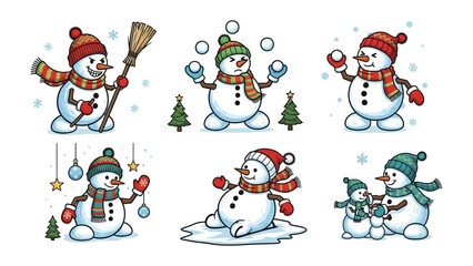 Snowman's Winter Wonderland: A collection of delightful cartoon snowmen joyfully engaged in winter activities, embodying the cheerfulness of the season.