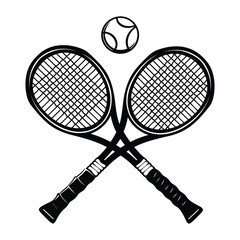 vintage crossed tennis rackets with two tennis balls vector illustration, detailed black and white tennis bat silhouette icon design for sports branding, logo concepts, training and competition themes