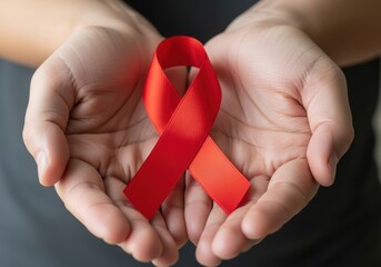 Close up of hands holding a red awareness ribbon symbolizing support and solidarity for hivaids prevention and awareness day