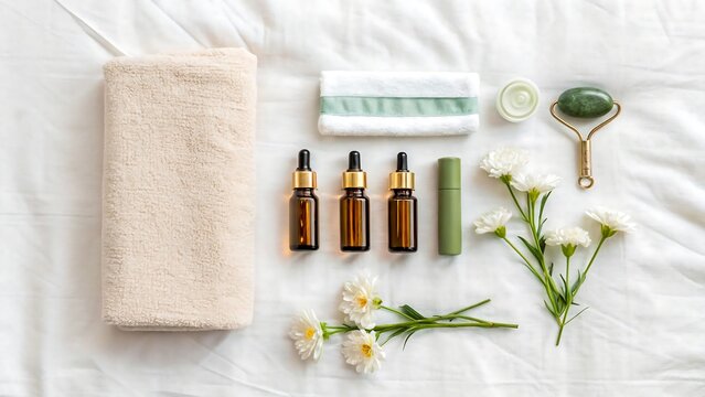 Spa essentials with amber skincare bottles flowers and towel on white background
