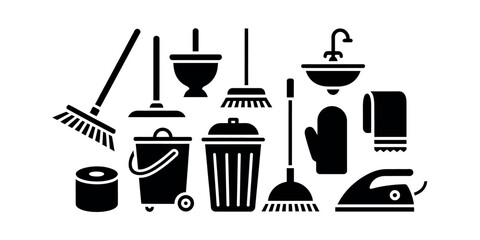 A collection of cleaning supplies and household items in black silhouette style