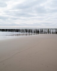 Fototapeta premium lonely beach with waves and sky in zeeland, the netherlands