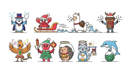 Festive Animated Friends: Adorable animated creatures, each adorned in holiday attire, bring the spirit of celebration with a touch of whimsical flair.