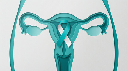 Cervical cancer teal and white awareness ribbon with women with ovaries papercut illustration. January awareness month