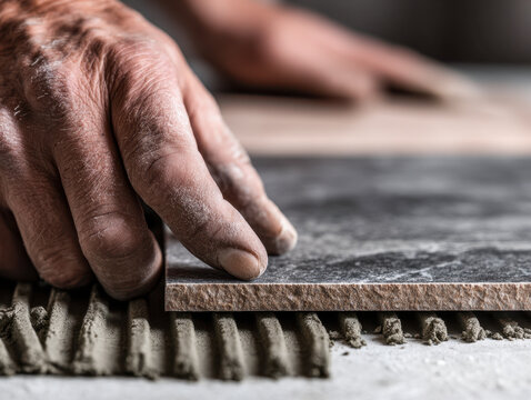 Skilled craftsman carefully placing textured tile onto adhesive mortar for precise and durable floor installation with attention to detail and quality work