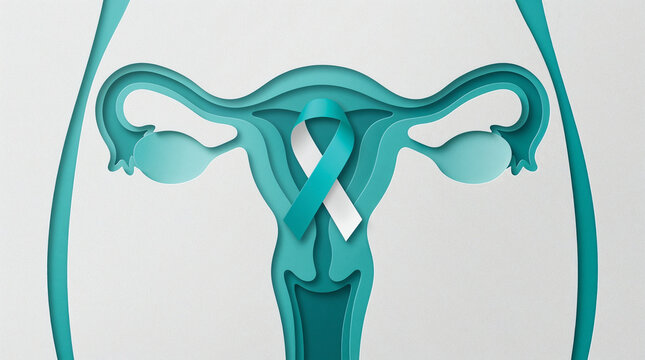 Cervical cancer teal and white awareness ribbon with women with ovaries papercut illustration. January awareness month