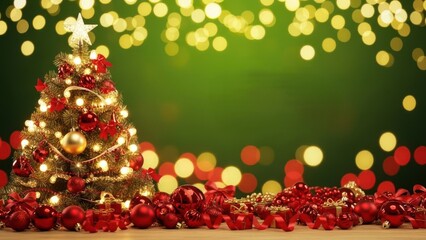 Christmas red decoration and sparkle bokeh lights on green background