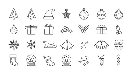 Christmas Ornament Collection: A delightful collection of minimalist line art icons capturing the essence of the Christmas spirit, featuring a Christmas tree, ornaments, gifts, snowflakes, sleigh.