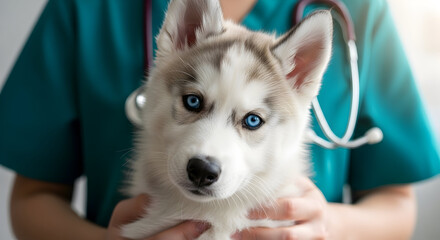 Fototapeta premium Veterinarian's Gentle Embrace A Husky Puppy's Checkup Pet Care and Love Animal Health and Wellness Trusting Hands Professional Veterinary Services Tender Moment Caregiver