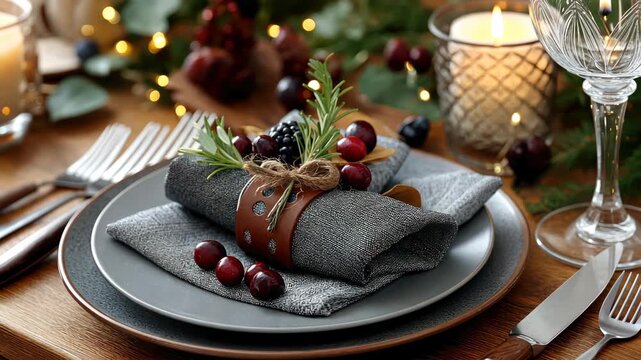 Elegant holiday table setting with rustic decor and seasonal touches for a cozy gathering
