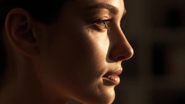 Close-up profile of a young woman's face, warm light and shadow