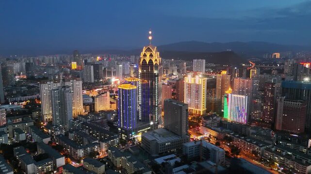Xining City Night Skyline - Qinghai Aerial Cityscape at Blue Hour