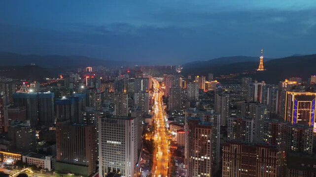 Xining Qinghai City Skyline at Night - Blue Hour Urban View