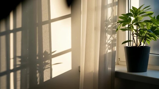 Warm sunlight casts a sharp window frame shadow on a wall next to a houseplant by the curtain, 4k video