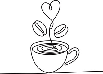 Continuous Line Art Illustration of Coffee Cup Beans and Heart Shape